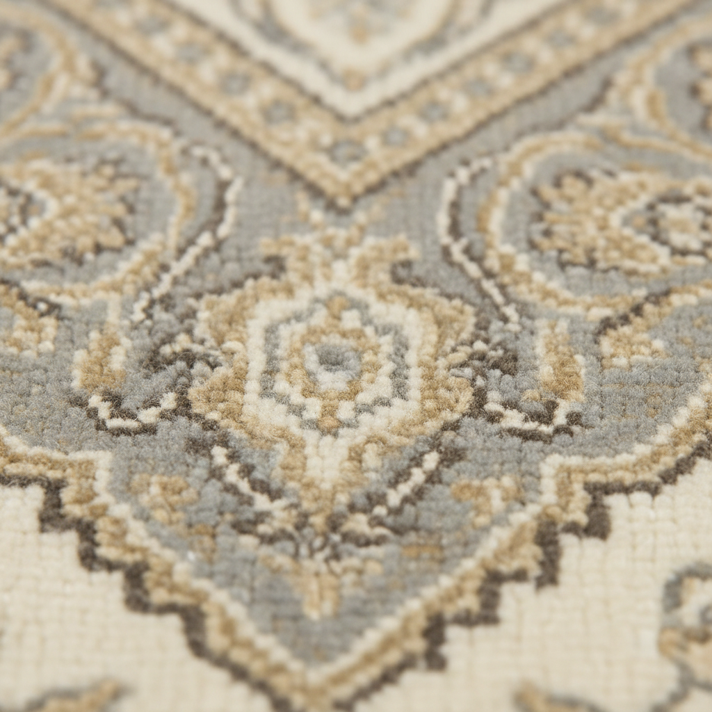Close-up of an ornate patterned rug with a traditional medallion design in cream, beige, taupe, and light gray tones.