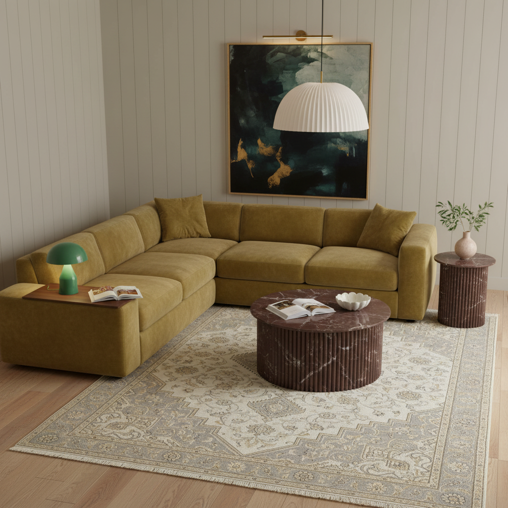 An olive green sectional sofa in a styled living room setting with a patterned area rug, marble coffee table, side table, and a large abstract art print on the wall.