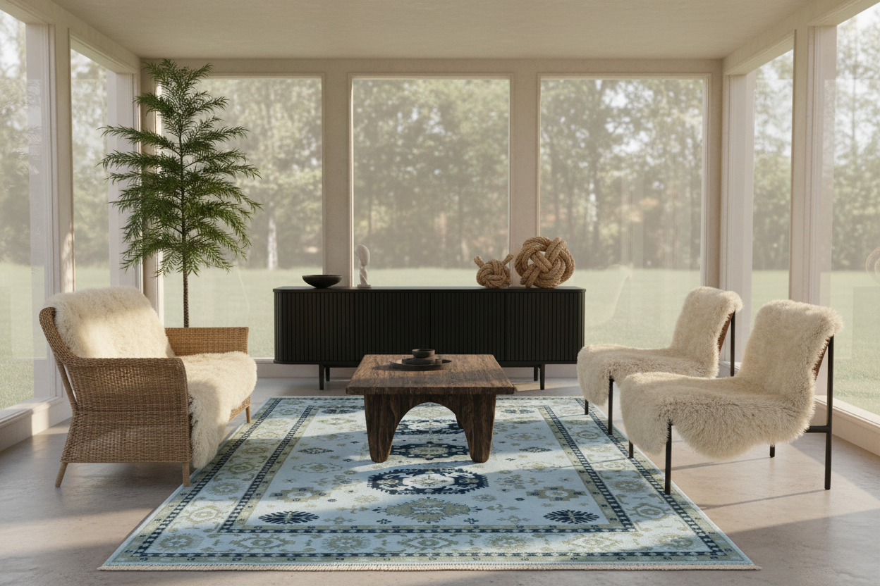 Modern living room with a blue patterned rug, beige chairs, and a coffee table.
