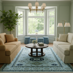 A beautifully styled living room featuring a large light blue and navy patterned area rug under a round wooden coffee table. The room is furnished with a tan slipcovered sofa on the left, a cream bouclé sofa on the right, blue barrel stools, a bay window, and a gold chandelier.