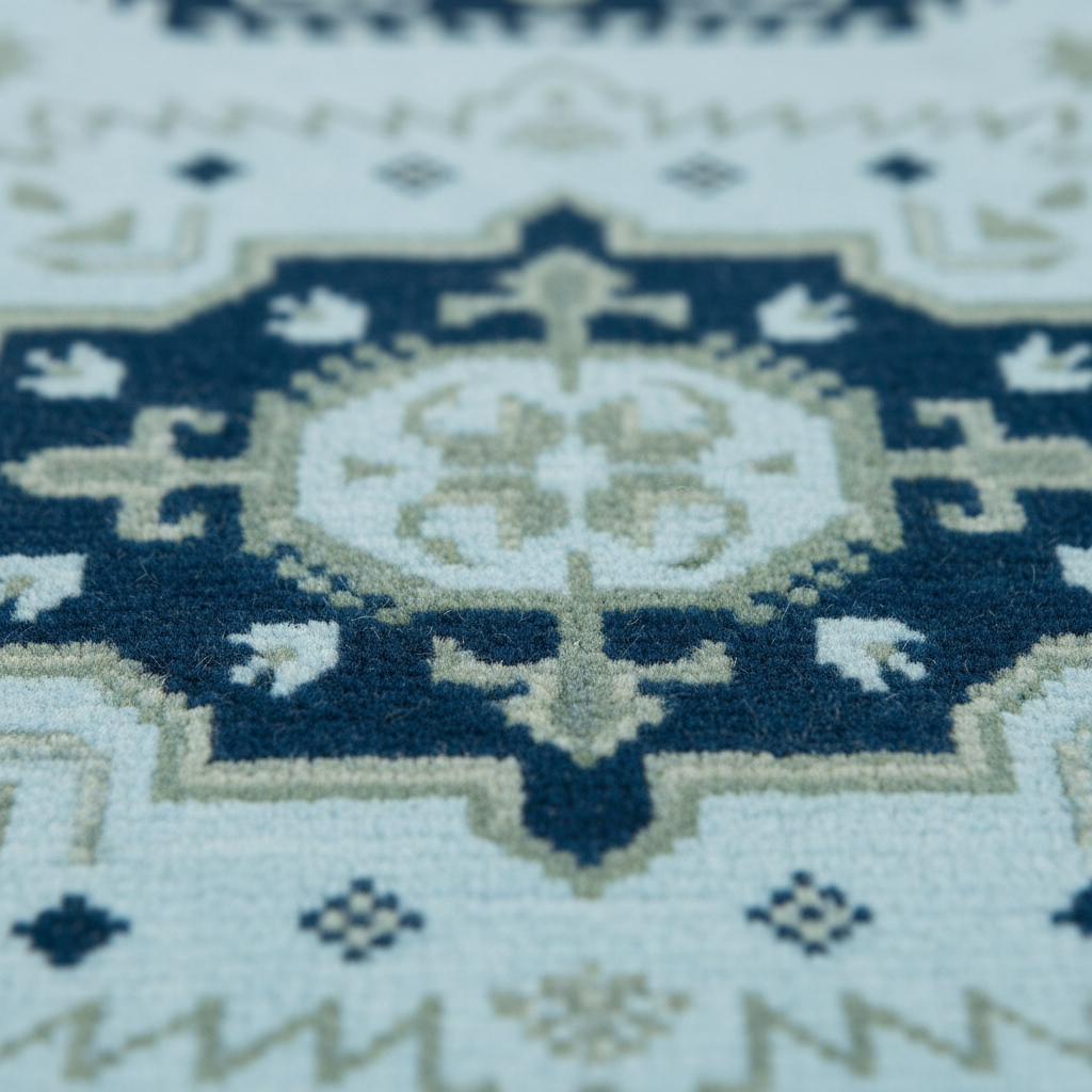 Close-up of a patterned rug with a central medallion design in navy blue and cream on a light blue background.