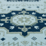Close-up of a patterned rug with a central medallion design in navy blue and cream on a light blue background.