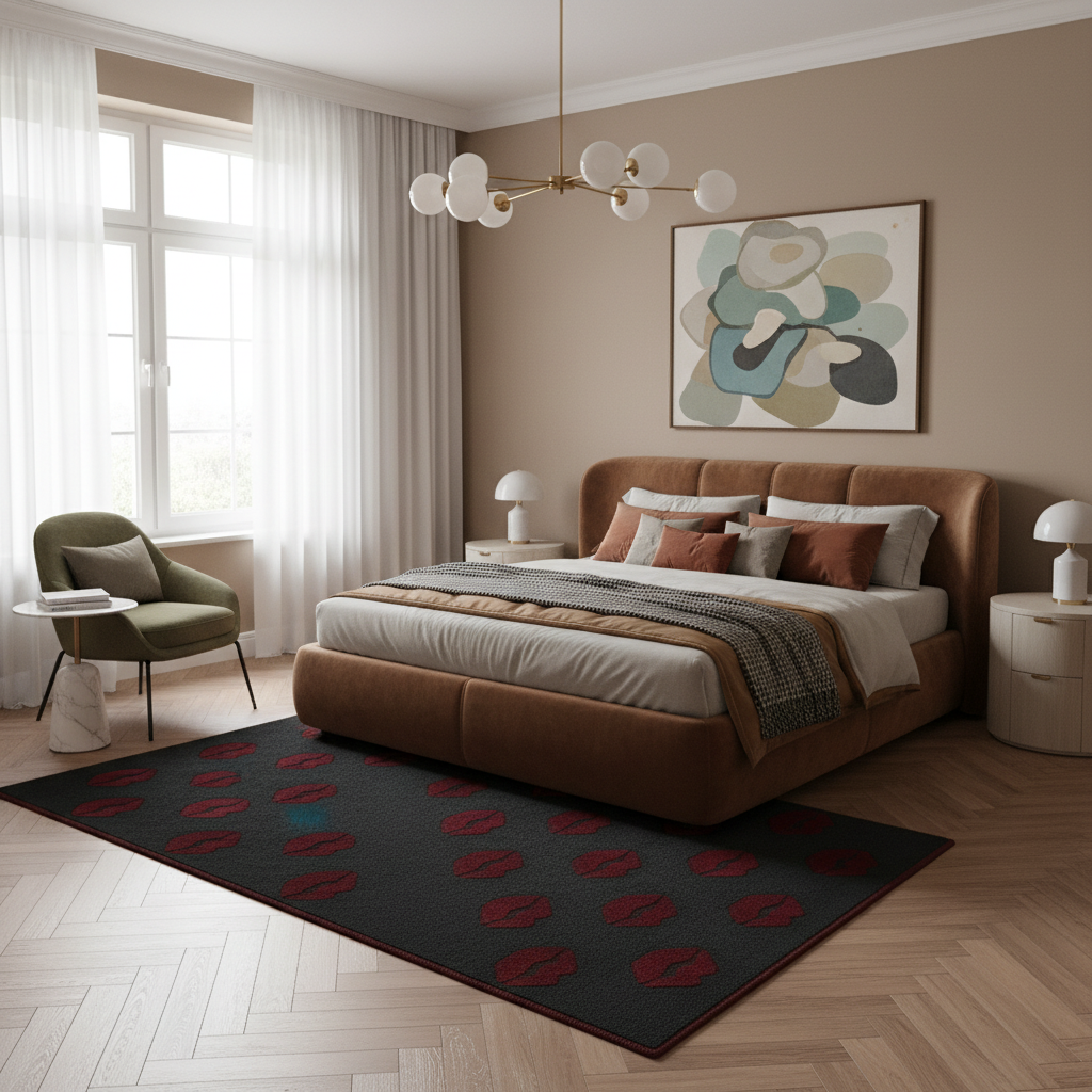 A styled bedroom interior with a large brown upholstered bed, neutral bedding, a dark charcoal rug with red circular motifs, beige walls, and a window with sheer curtains. A framed abstract painting hangs above the bed.