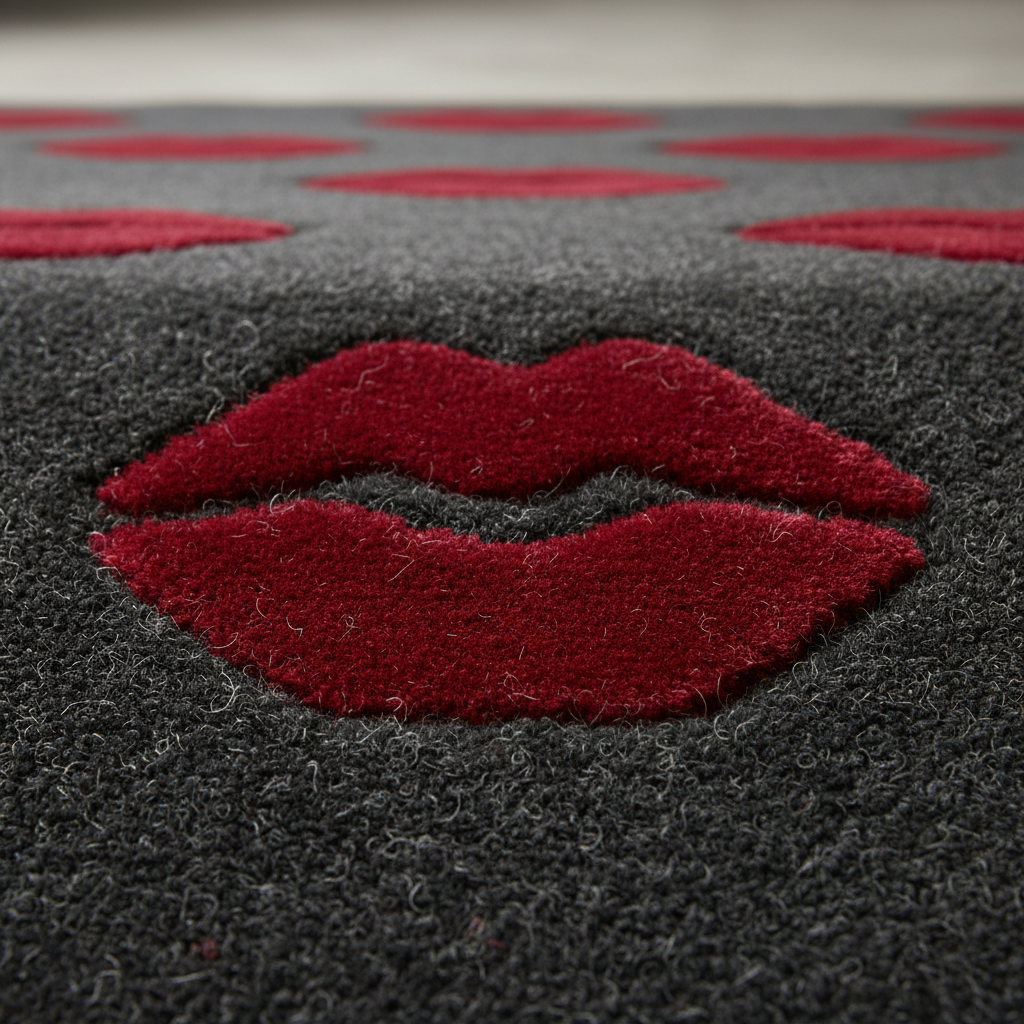 A close-up of a dark gray textured rug featuring a large red lips motif in the center and smaller red heart shapes along the top edge.