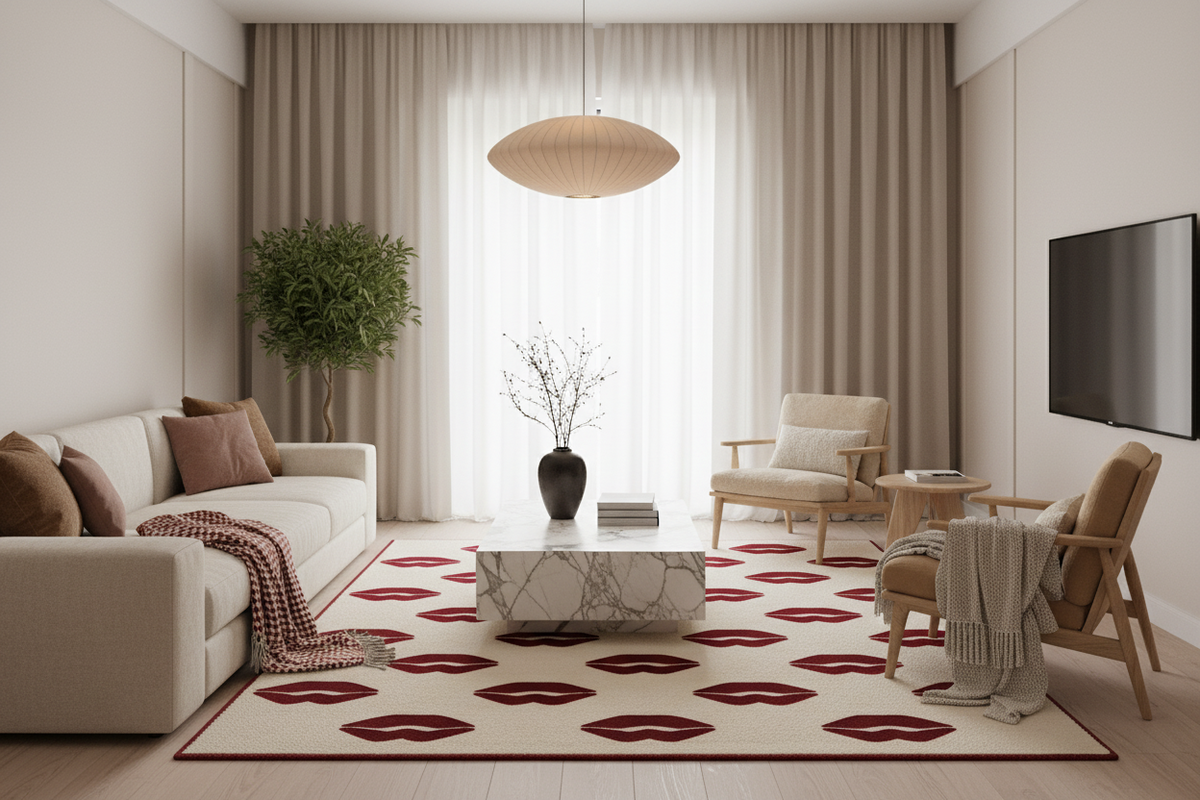 Modern living room with a white sofa, coffee table, and decorative rug.