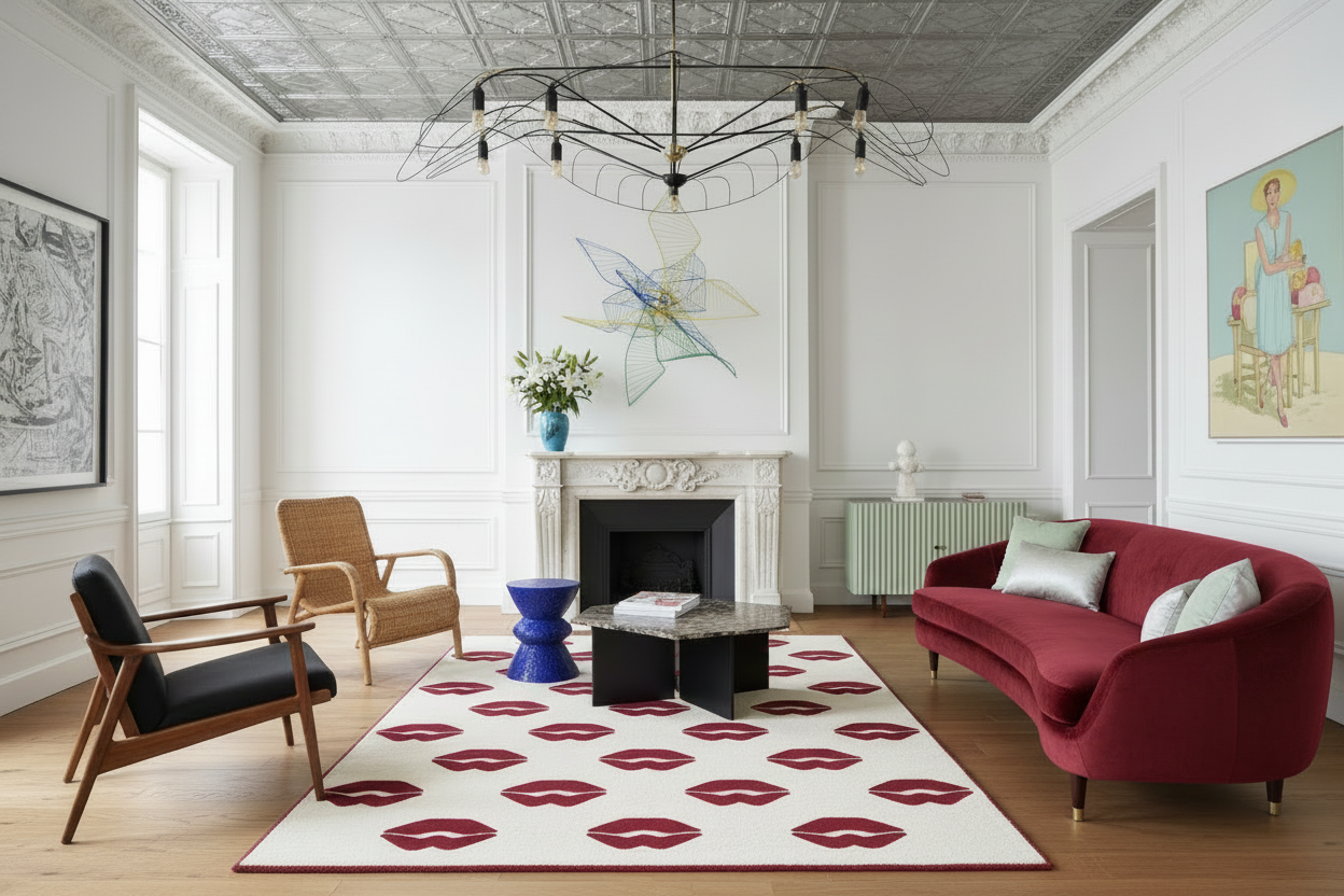 Modern living room with a red sofa, patterned lip red rug, and decorative elements.