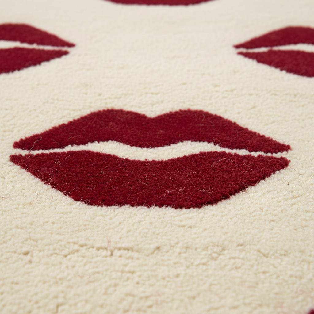 A close-up of a textured cream-colored rug featuring a repeating pattern of deep red lips.