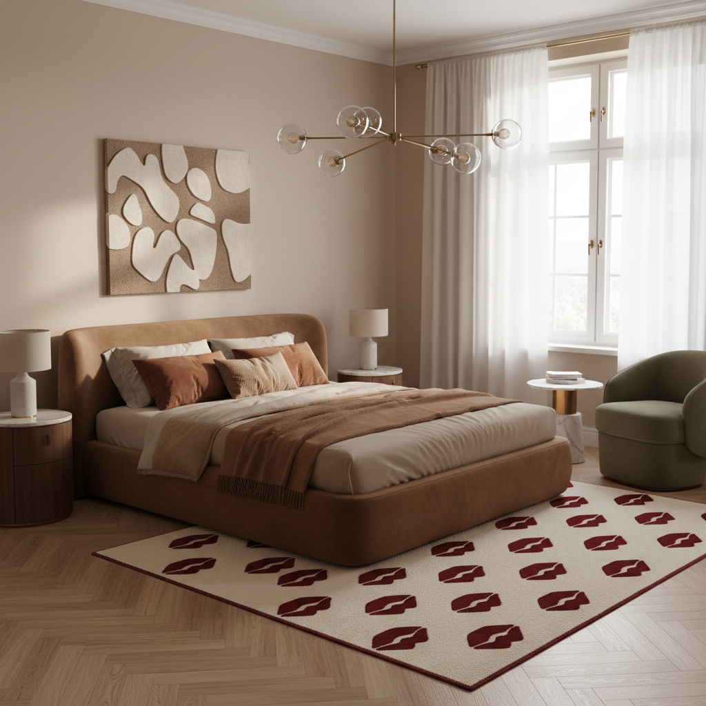 A modern bedroom featuring a low-profile platform bed with a brown upholstered frame, styled with neutral beige and brown bedding, a patterned rug, and a contemporary brass chandelier.