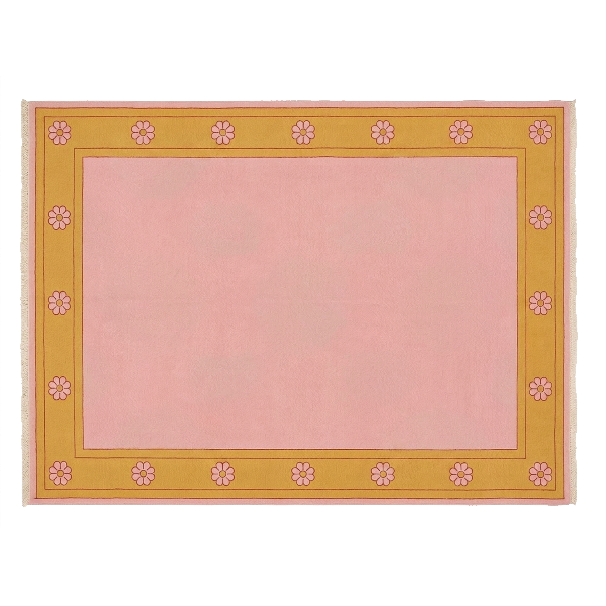 A rectangular area rug with a solid light pink center and a mustard yellow border decorated with small pink floral motifs, shown flat against a white background.