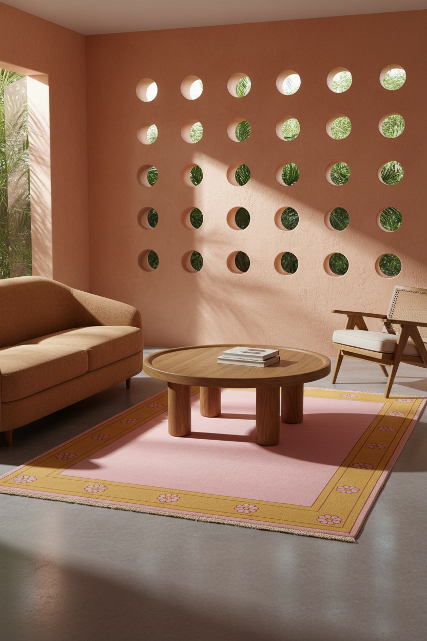 A styled living room scene featuring a round wooden coffee table on a pink and yellow patterned area rug, set in a warm terracotta-colored room with a matching sofa and a modern chair.