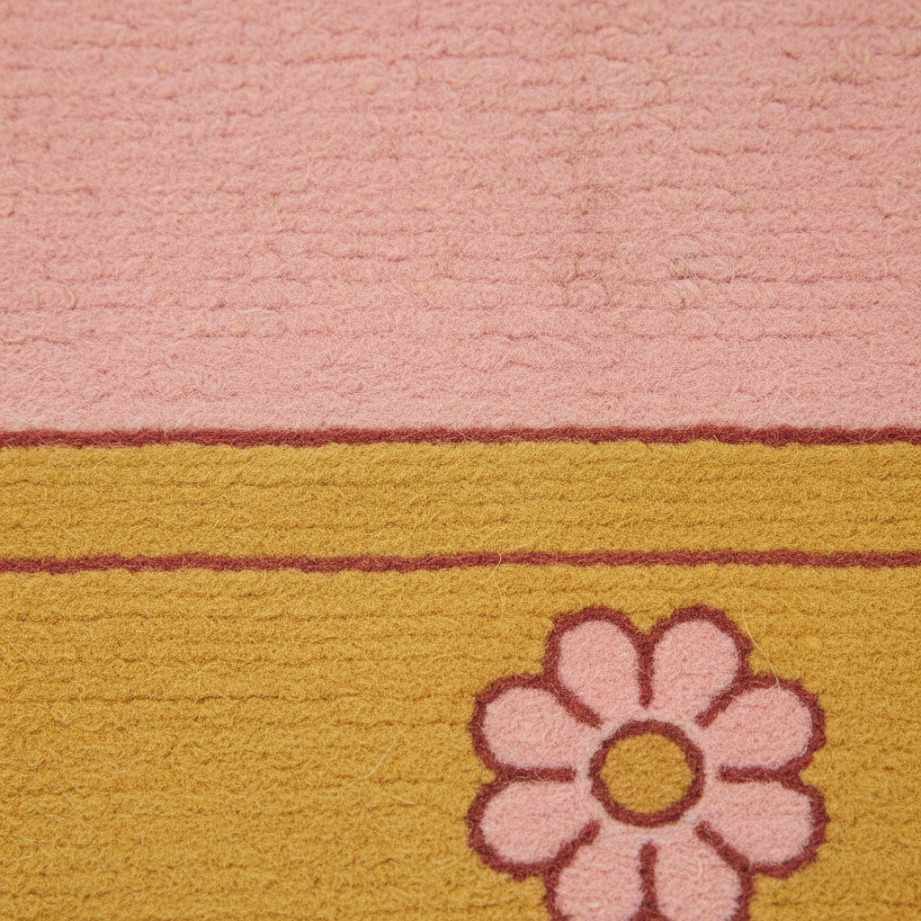 Close-up of a textured rug with a pink upper section, a mustard yellow lower section, and a pink flower motif outlined in burgundy.