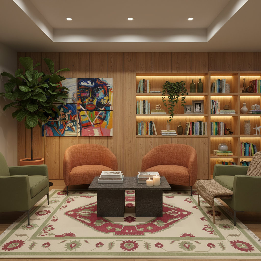 A styled interior lounge area with wood-paneled walls, built-in shelving, a large potted plant, colorful abstract wall art, two orange armchairs, two green chairs, a dark coffee table, and a patterned area rug.