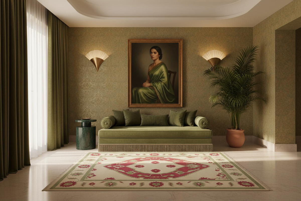 A styled interior room with a large framed portrait of a woman in a green dress hanging above an olive green sofa. The room has textured beige walls, warm wall sconces, a patterned rug, a potted palm, and dark green curtains.