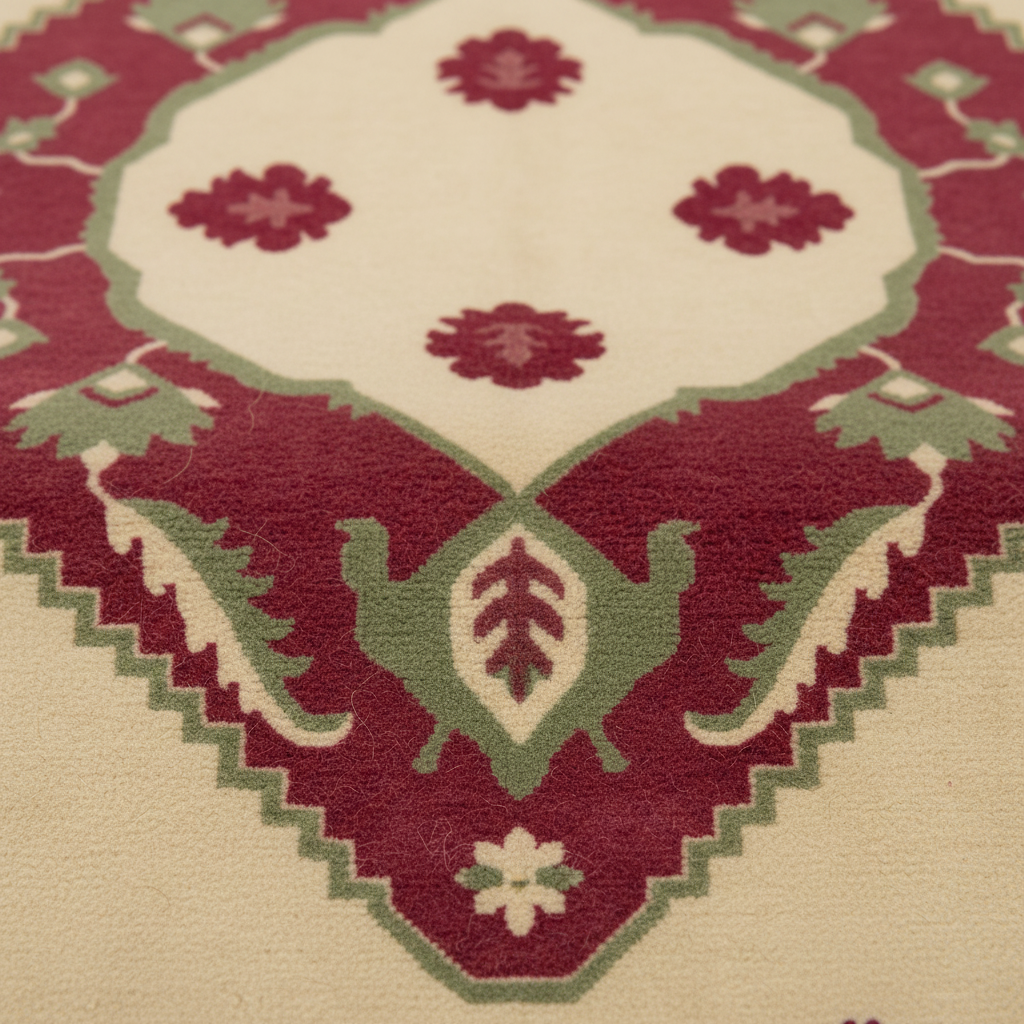 A close-up of a patterned rug with a cream background, deep burgundy floral motifs, and sage green geometric and leaf details.