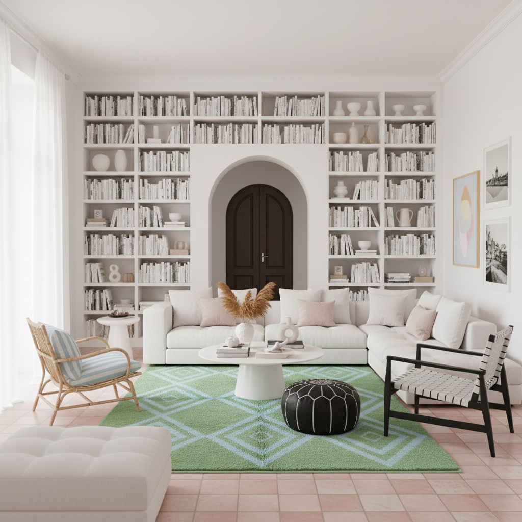 A bright, modern living room with a large white sectional sofa, a green patterned rug, a white coffee table, a black-and-white pouf, and extensive built-in white bookshelves behind the seating area.