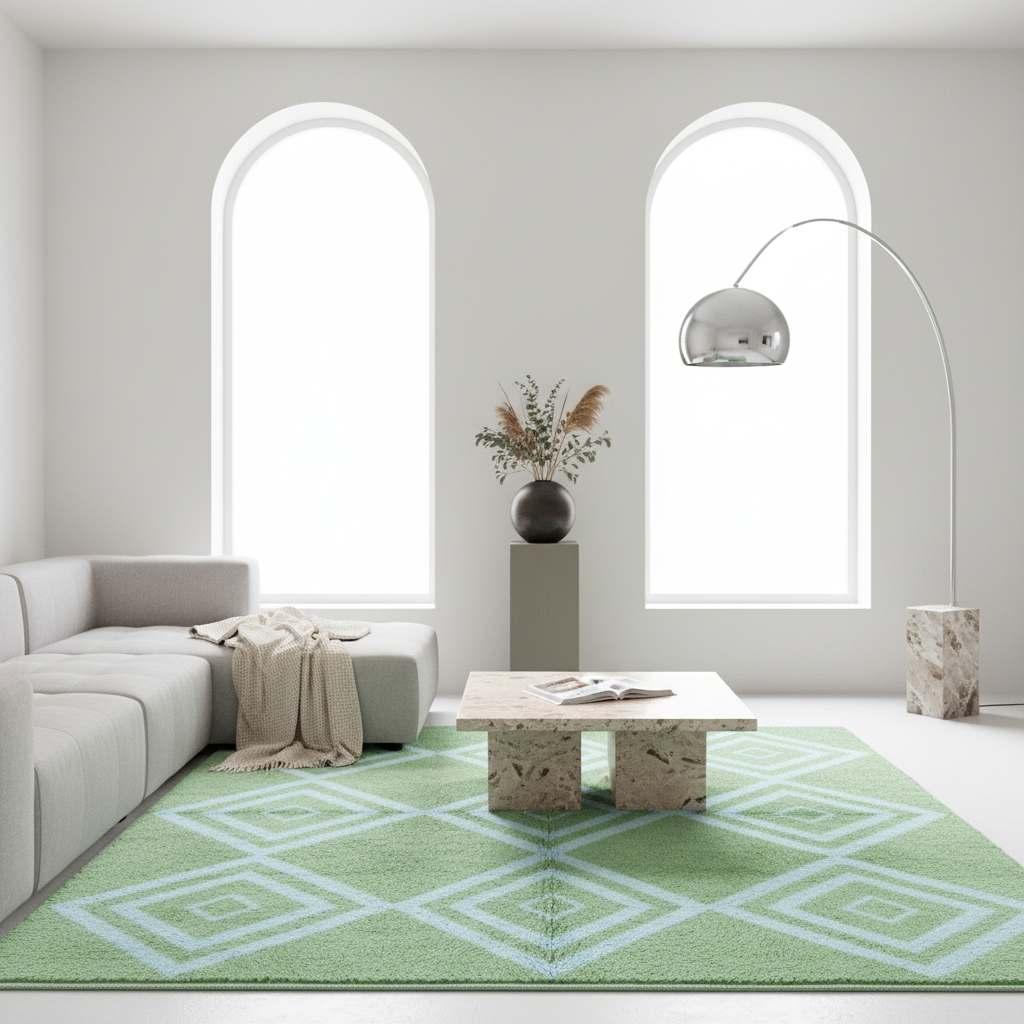 A modern living room scene featuring a light green and white geometric patterned area rug under a marble coffee table, with a light gray sectional sofa, arched windows, and a silver floor lamp.