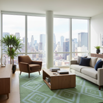 A modern living room with a light beige sofa, brown armchair, wooden coffee table, green patterned rug, and large floor-to-ceiling windows overlooking a city skyline.