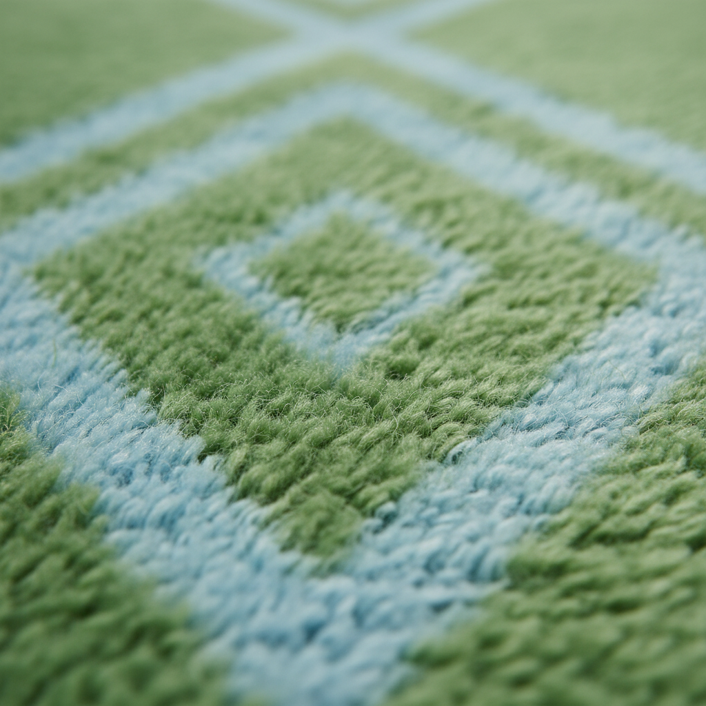 Close-up of a plush rug with a geometric diamond pattern in light green and pale blue, showing the soft pile texture.