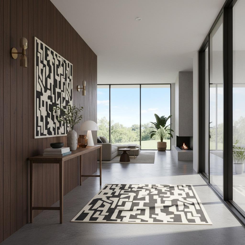 A modern interior hallway with dark wood paneling, a black-and-white geometric wall art piece, a long console table, and a matching black-and-white patterned rug in the foreground. Large floor-to-ceiling windows open to a bright outdoor patio and living area with a fireplace.