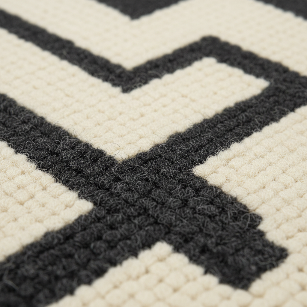 Close-up of a textured rug with a bold black geometric chevron and cross pattern on an off-white background.
