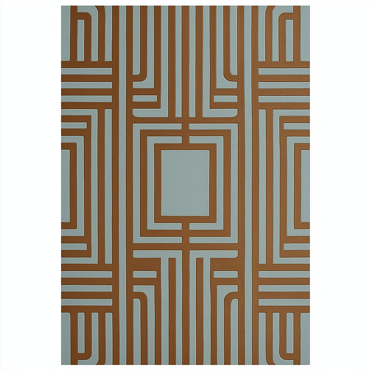 Maze of the Sky Hand Tufted Wool Rug with a rust and sky blue geometric maze pattern