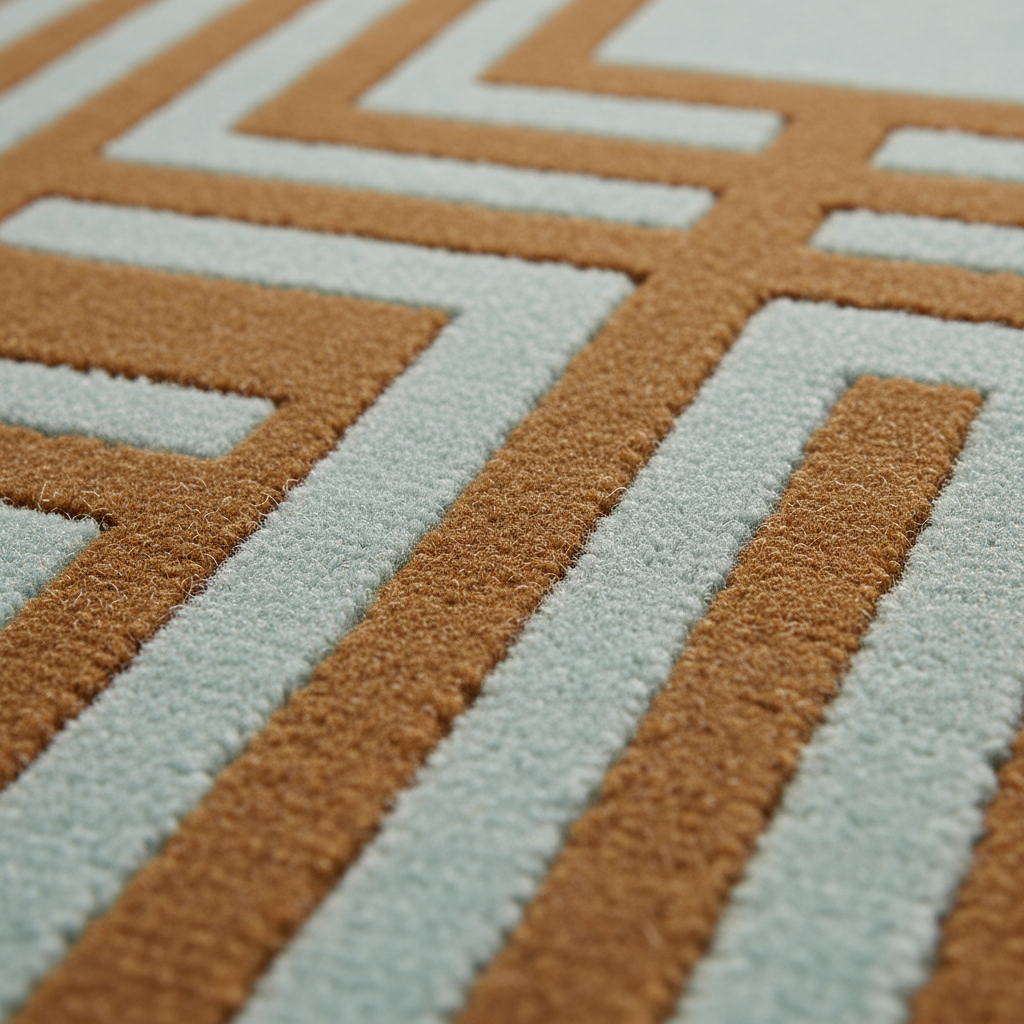 Close-up of a textured area rug with a geometric maze-like pattern in warm tan and pale icy blue.