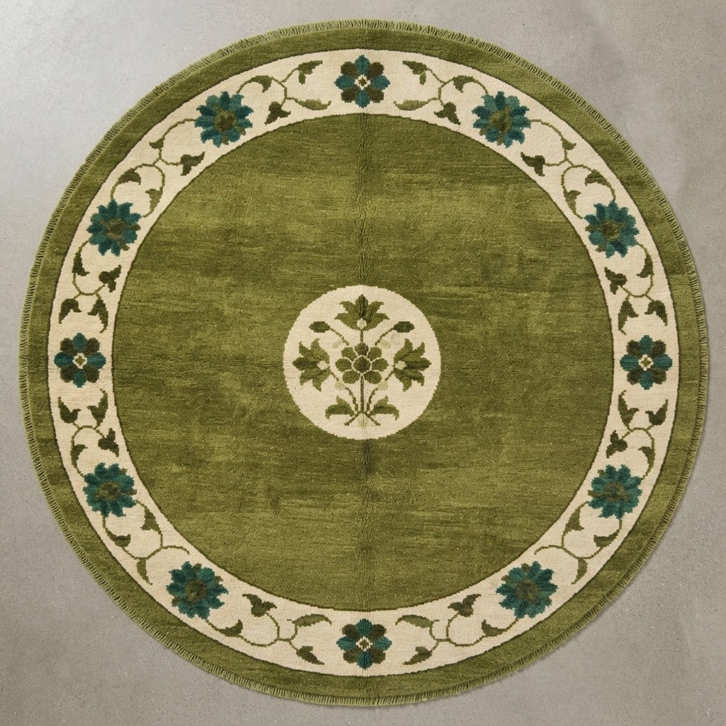 Meadow Lotus Ring Round Hand Knotted Rug - studio photo
