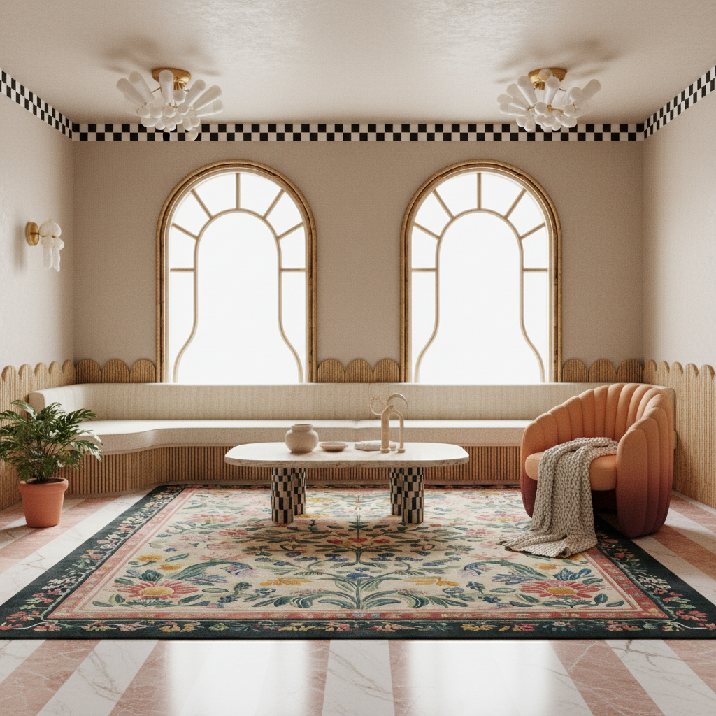 A beautifully styled bohemian living room featuring a large floral patterned area rug, a curved orange armchair with a knit throw, and a low marble coffee table. The room has two tall arched windows with gold-trimmed frames, a checkered border on the beige walls, and a checkered marble floor.
