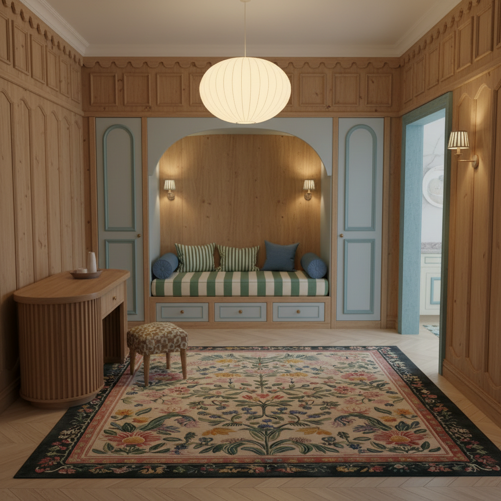A beautifully styled interior room with light wood paneling, a large patterned area rug, a round white pendant light, and a built-in daybed with striped cushions in the background.