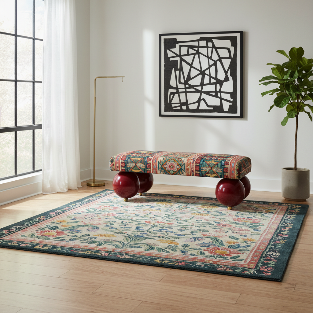 A large traditional-style area rug with a floral and geometric pattern in teal, beige, pink, and gold tones, styled in a bright modern room with a bench, floor lamp, and potted plant.