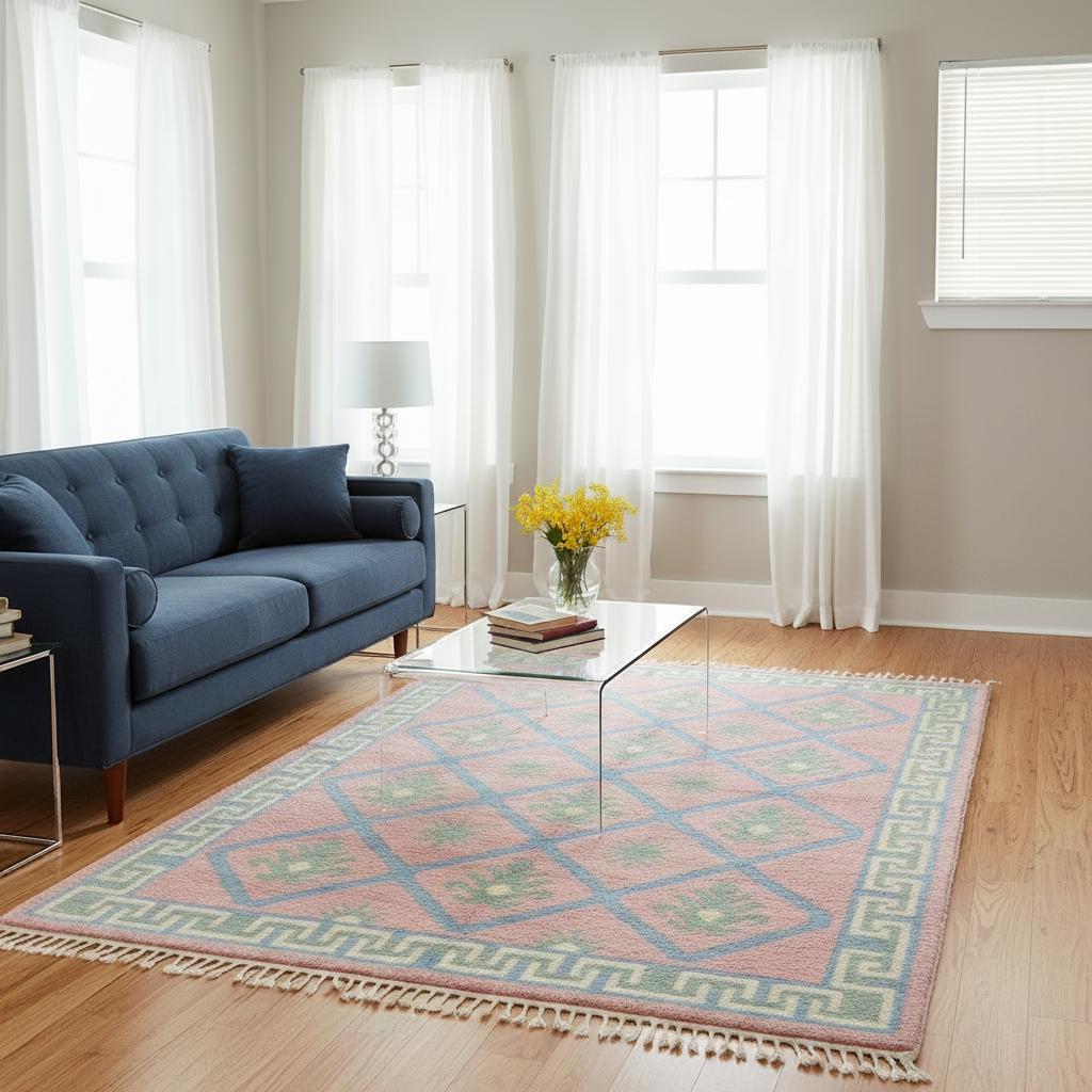 A large rectangular area rug with a pink, blue, and green geometric pattern and fringe, styled in a bright living room next to a blue sofa and glass coffee table.