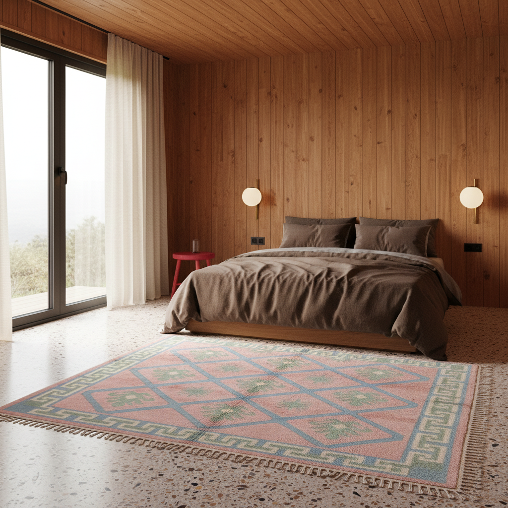 A large rectangular area rug with a pink, blue, and beige geometric pattern and fringe, styled on a terrazzo floor in a modern wood-paneled bedroom.