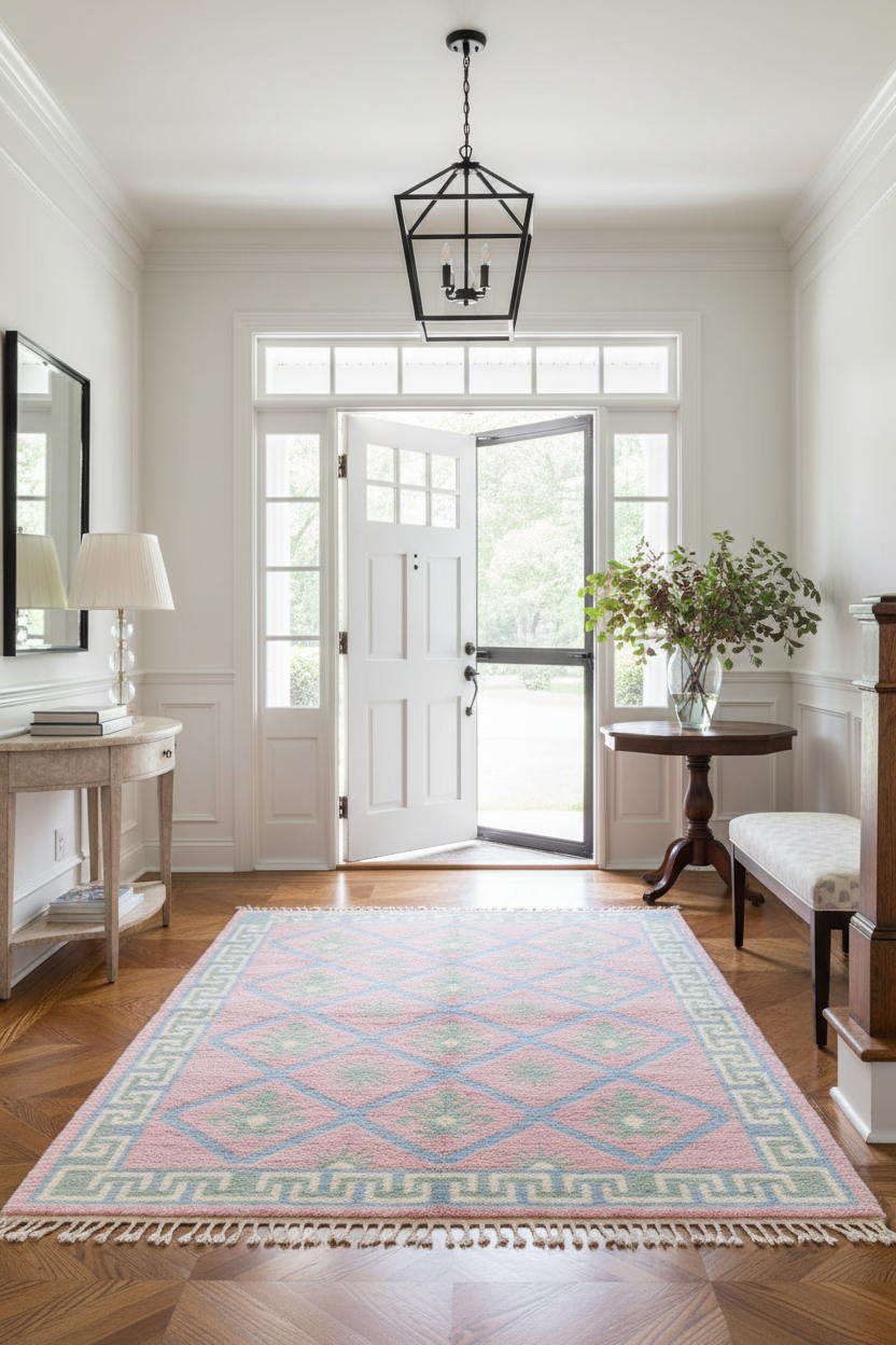 Foyer with a patterned rug, wooden floor, and white walls.