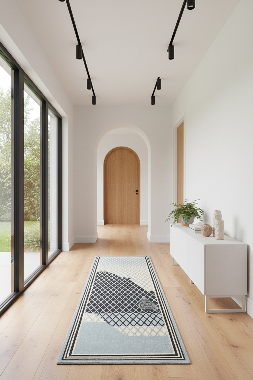 Modern interior hallway with a rug, wooden door, and large windows.