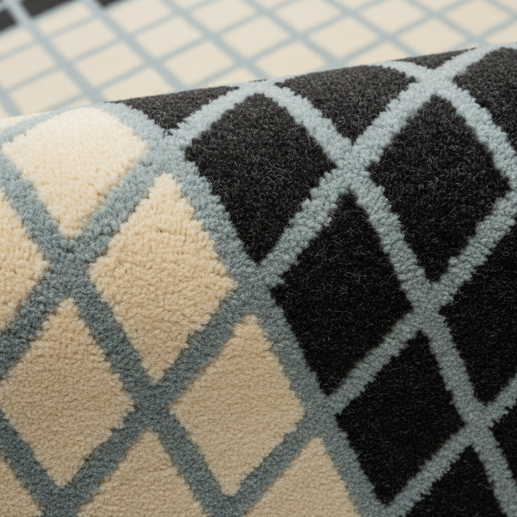 Close-up of a textured area rug with a geometric diamond pattern in black, cream, and light blue-gray.