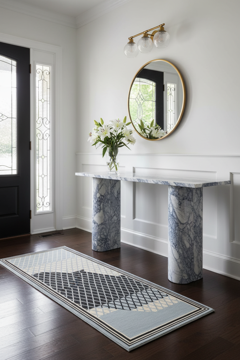 runner rug with Marble console table with a round mirror above it in a well-lit room.