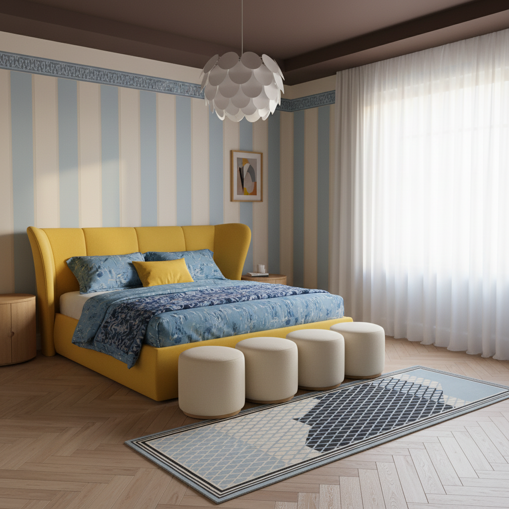 A modern bedroom featuring a prominent yellow upholstered bed frame with blue patterned bedding, four matching cream ottomans, a geometric rug, and blue-and-white striped wallpaper.