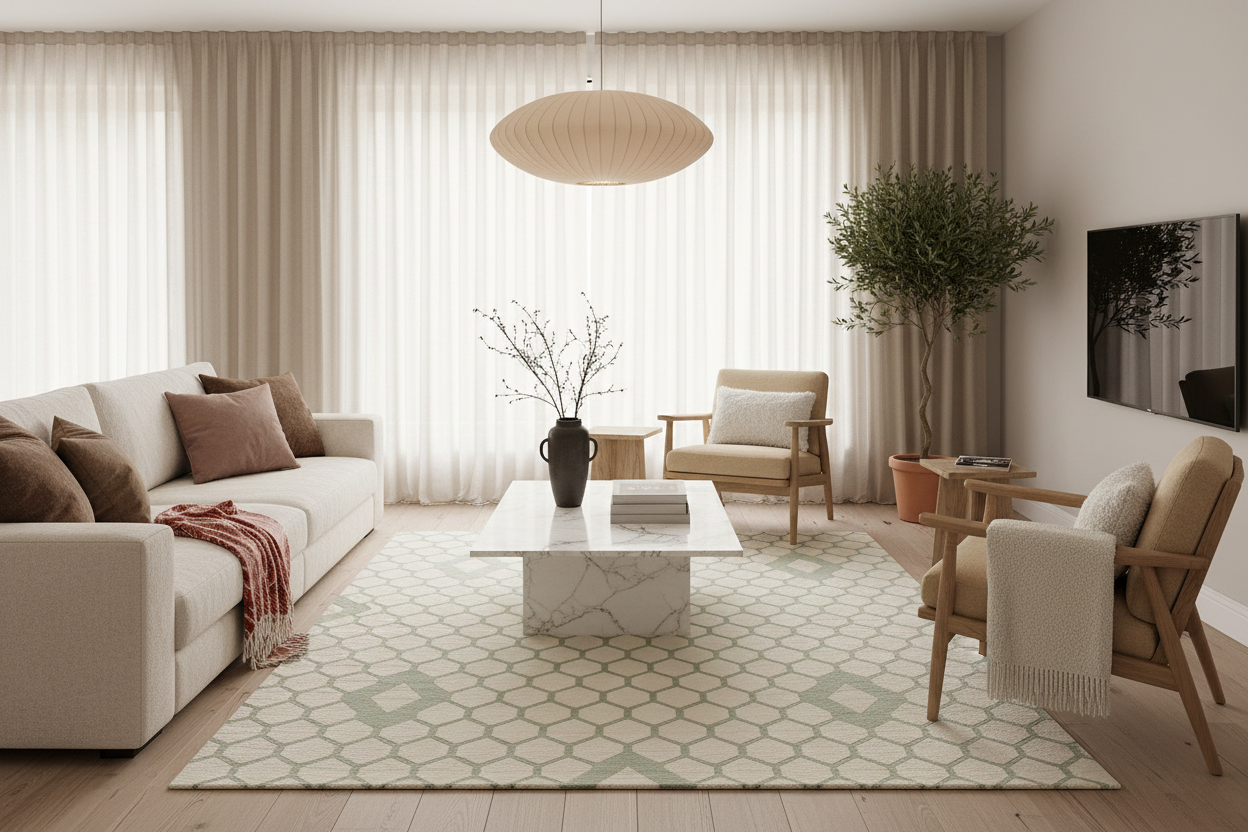 Modern living room with beige sofa, green beige rug, armchairs, and a coffee table.