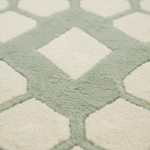 Close-up of a plush area rug with a geometric pattern of pale sage green and cream diamond shapes.
