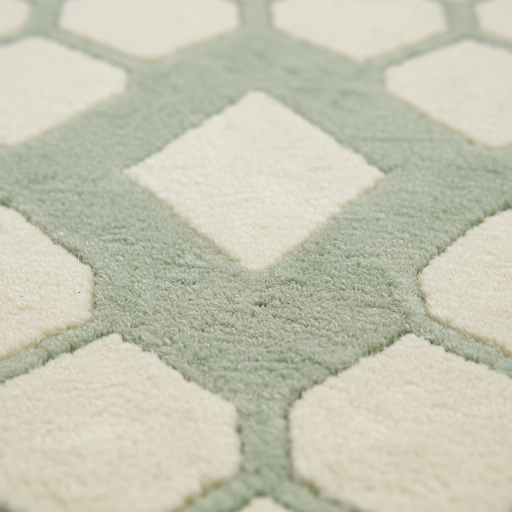 Close-up of a plush area rug with a geometric pattern of pale sage green and cream diamond shapes.