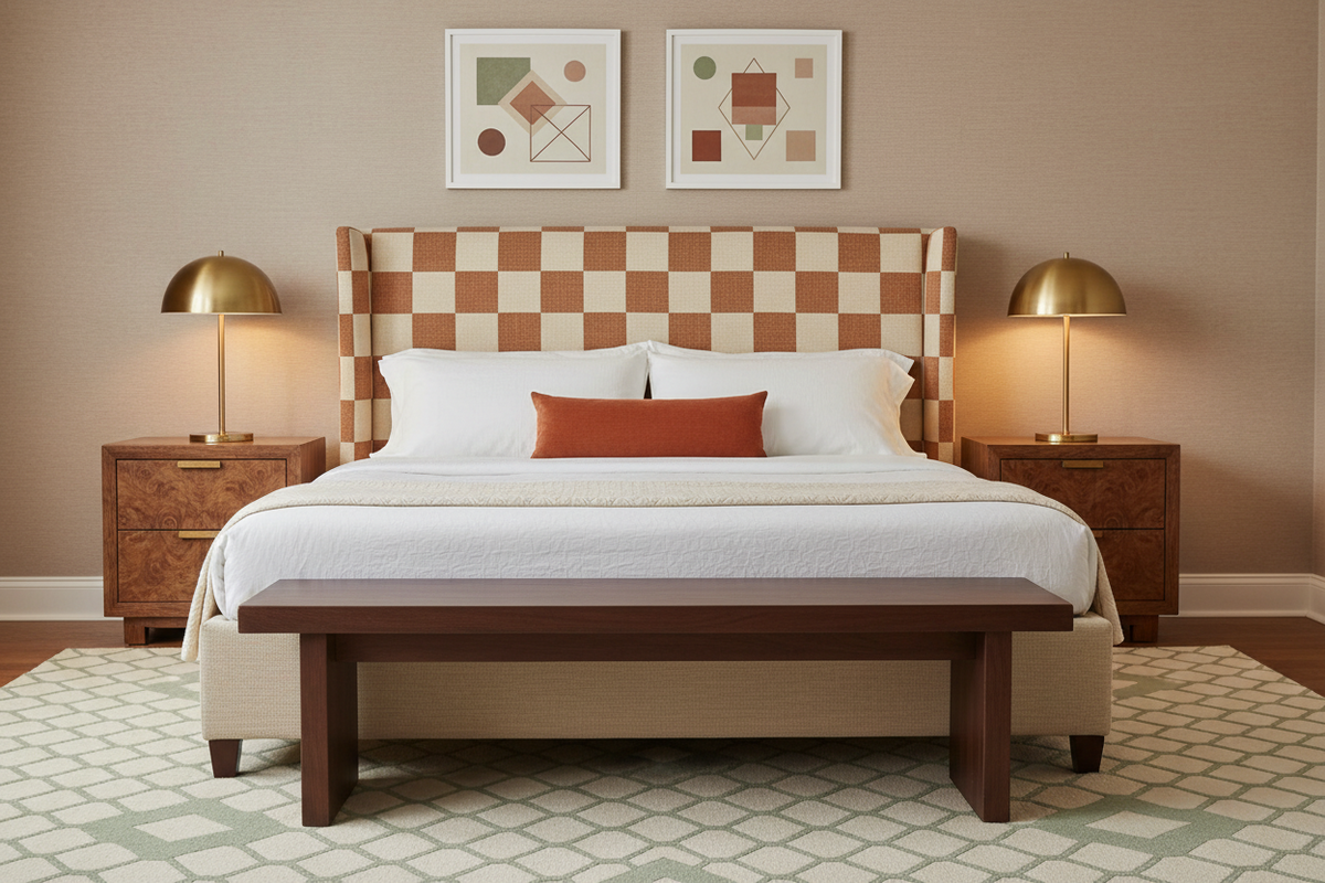 A styled bedroom scene featuring a bed with a checkered upholstered headboard and matching footboard, dressed in white bedding with a rust-orange accent pillow. The room is symmetrically arranged with two matching wooden nightstands, gold dome lamps, and two framed abstract geometric prints on a warm beige wall.