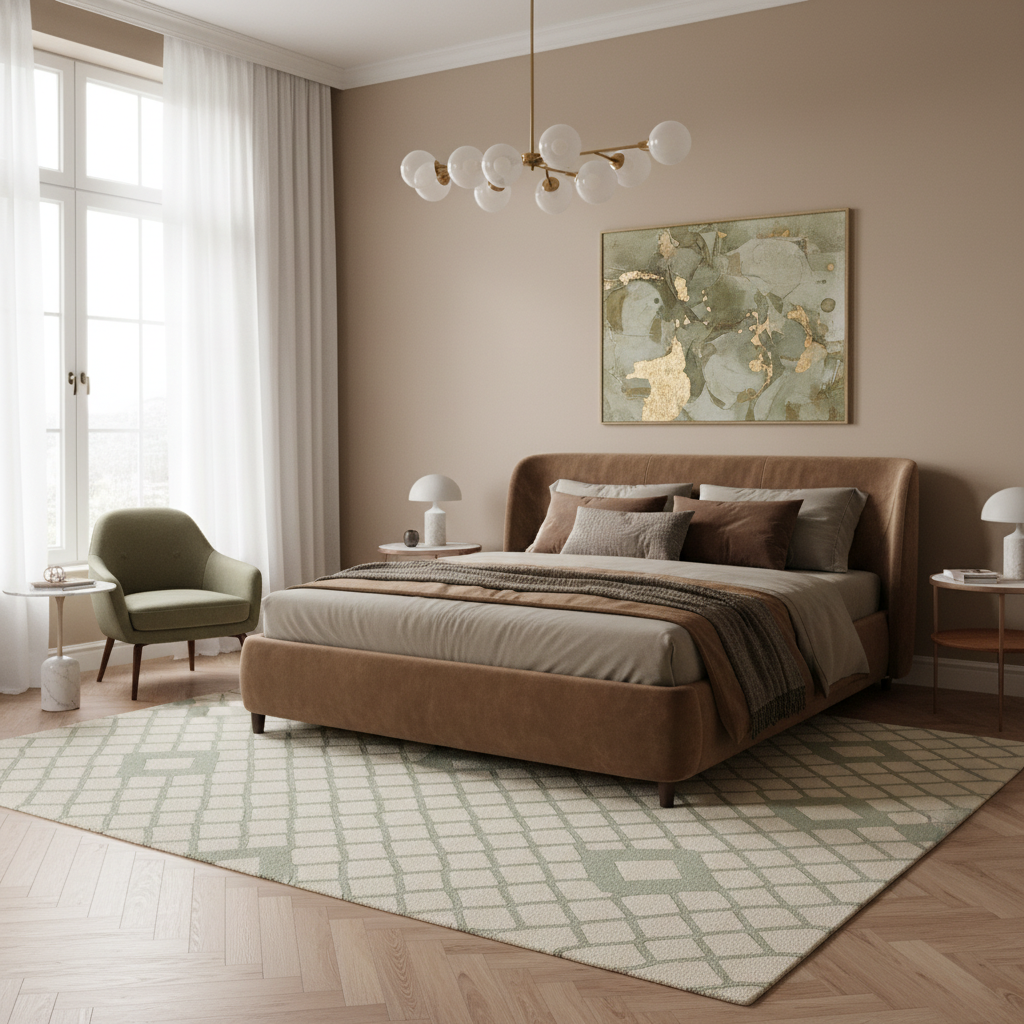 A styled bedroom interior featuring a bed with beige and brown bedding, a brown upholstered bed frame, a patterned rug, a green armchair, and a large abstract wall art piece on a beige wall.