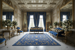 Decorative rug with gold floral patterns on a blue background