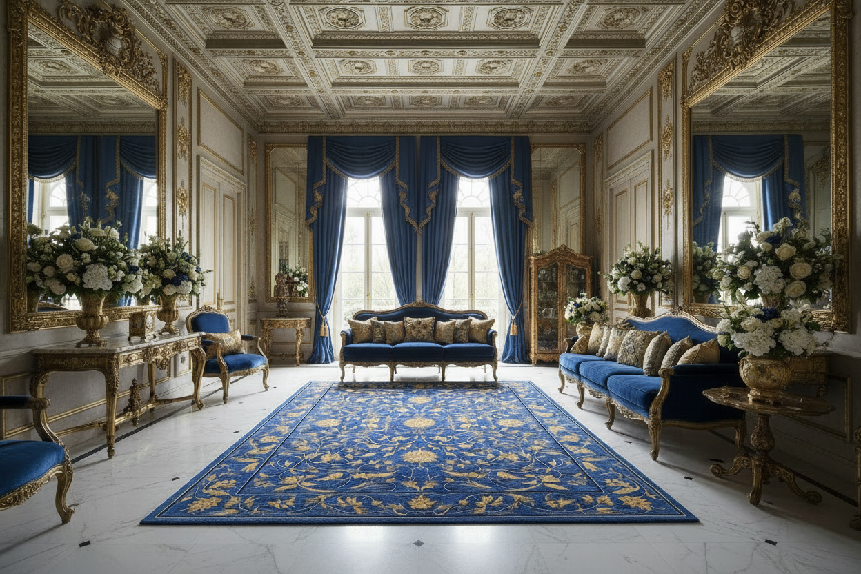 Decorative rug with gold floral patterns on a blue background