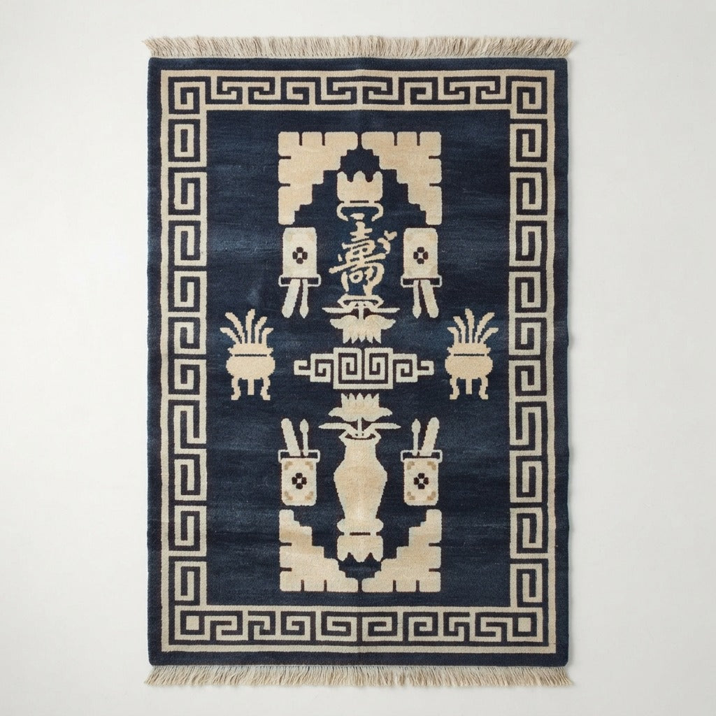 Midnight Longevity Vessels Hand Knotted Rug - studio photo