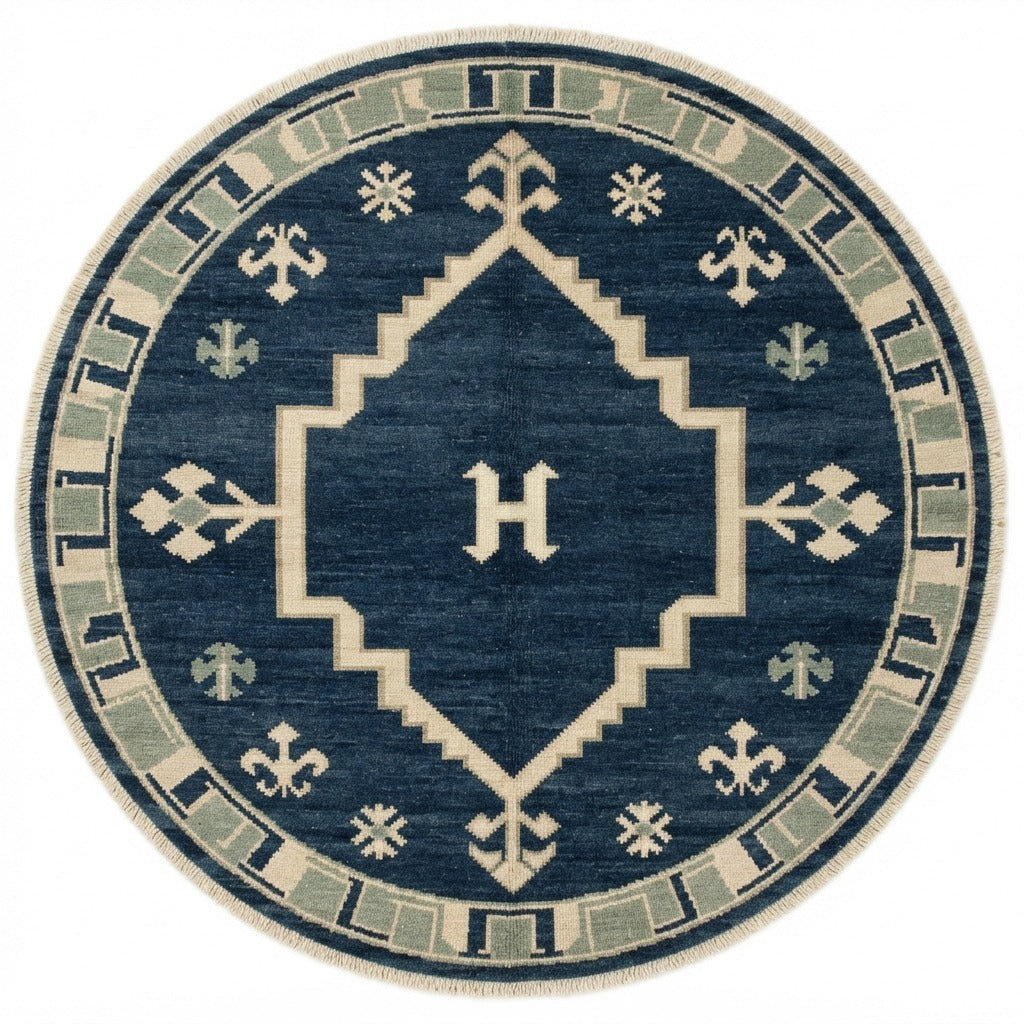 Midnight Nomad Compass Round Hand Knotted Rug - studio photo
