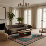 A styled living room interior featuring a curved gray sofa, a colorful teal and pink patterned area rug, a round wooden coffee table, cream chairs, and tall beige curtains in front of French doors.