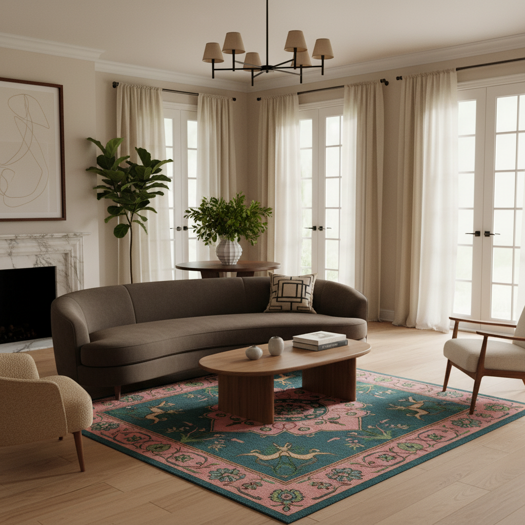 A styled living room interior featuring a curved gray sofa, a colorful teal and pink patterned area rug, a round wooden coffee table, cream chairs, and tall beige curtains in front of French doors.