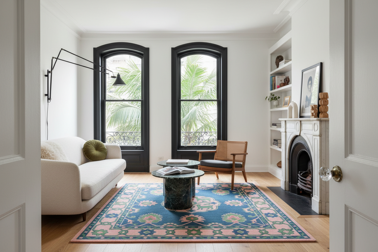 Living room with a blue and pink blue patterned rug, white sofa, and wooden chair.