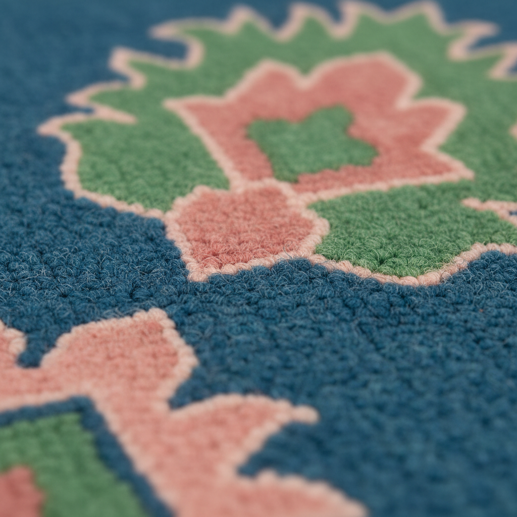 Close-up of a textured rug with a geometric floral pattern in blue, green, and pink, showing the detailed pile texture.